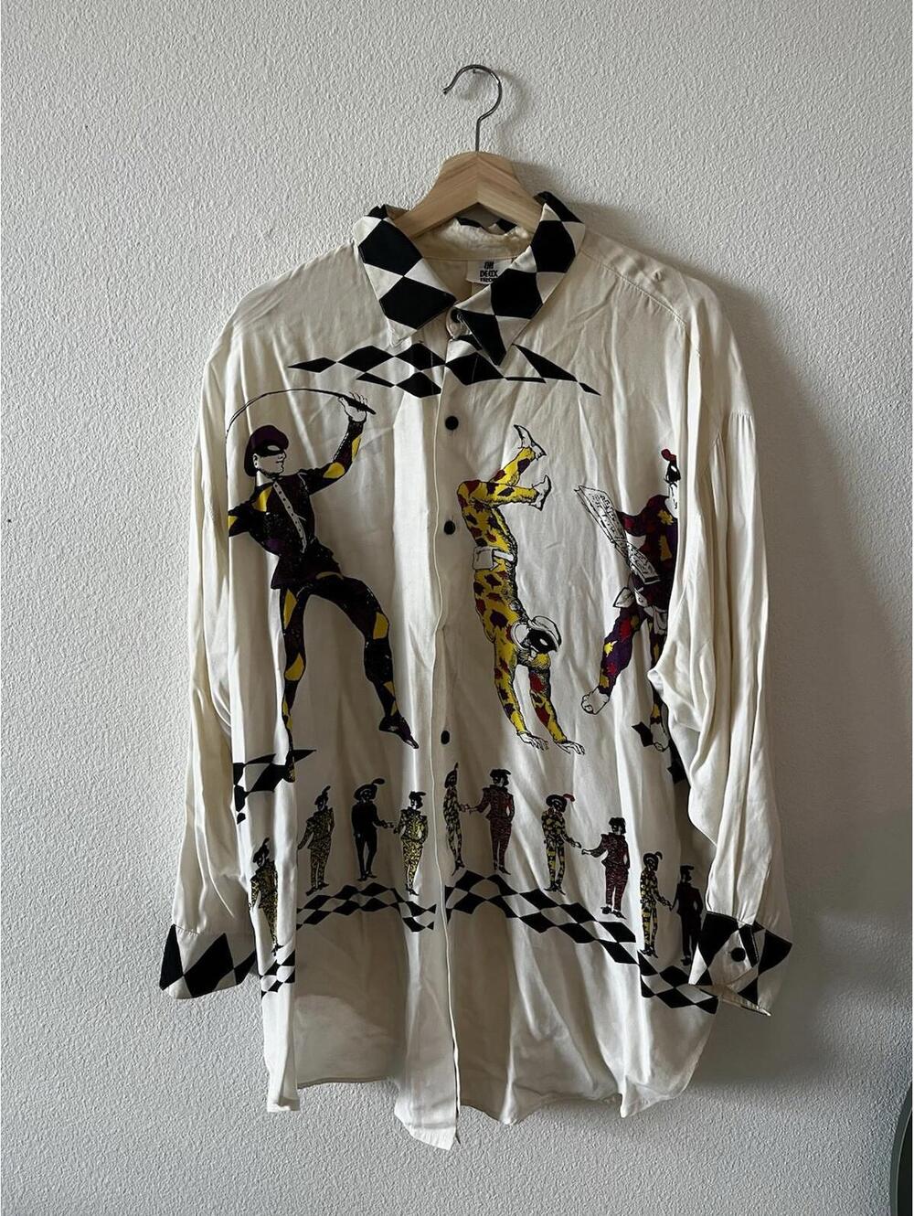 Vtg Un Deux Trois Harlequin Rayon Shirt 80s 90s Novelty Print Art Deco Mask L